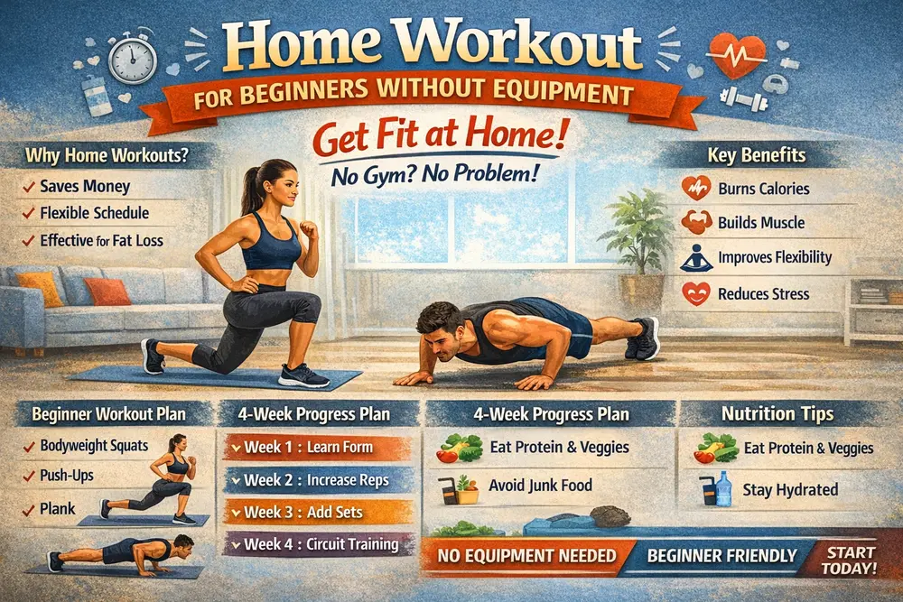 Home Workout for Beginners Without Equipment infographic showing exercises like squats, push-ups, and plank, with a 4-week progress plan, nutrition tips, and key benefits of home workouts.