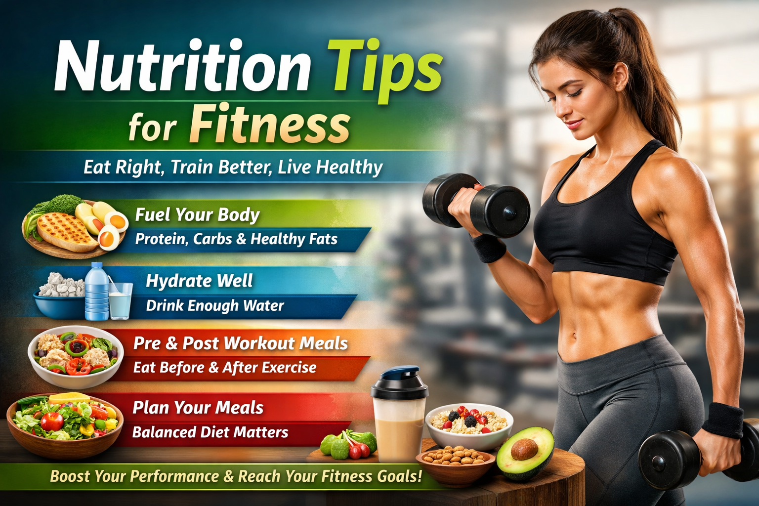 Nutrition tips for fitness infographic showing healthy foods, hydration tips, and a woman lifting dumbbells in a gym